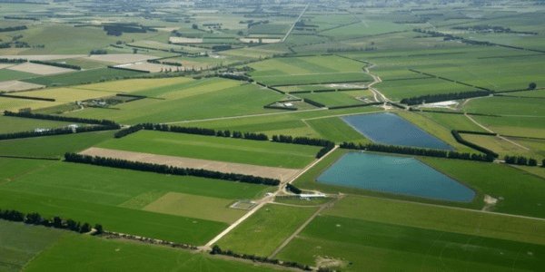 Arial view of two large trapezoidal shaped lined agricultural dams surrounded by green pasture