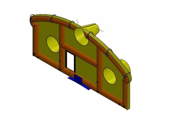 Angled CAD view of inflatable brattice wall design for tunnel ventilation and zone separation