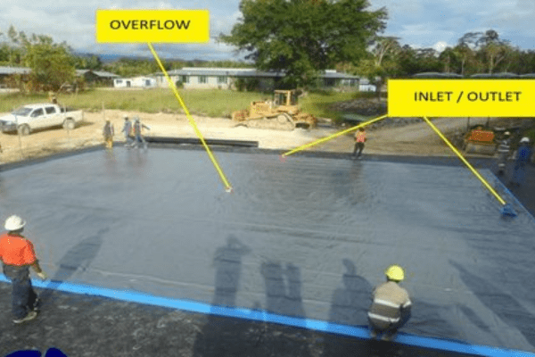 Several workers installing a flexible water tank fitted with inlet fittings, outlet fittings and overflow valve